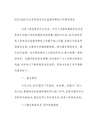 XX区2025年以来防返贫动态监测和帮扶工作情况报告