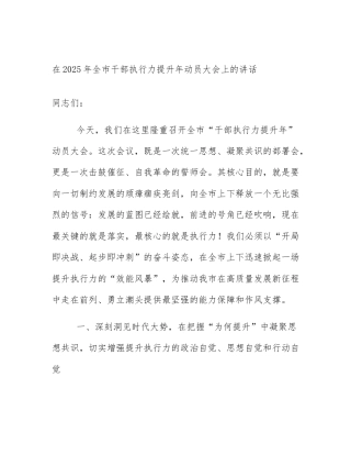 在2025年全市干部执行力提升年动员大会上的讲话