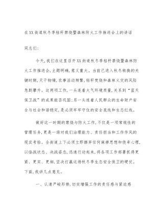 在XX街道秋冬季秸秆禁烧暨森林防火工作推进会上的讲话