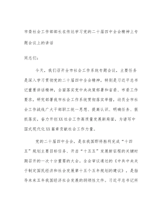 市委社会工作部部长在传达学习党的二十届四中全会精神上专题会议上的讲话