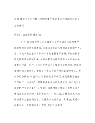 在XX镇安全生产领域风险隐患集中排查整治行动动员部署会上的讲话