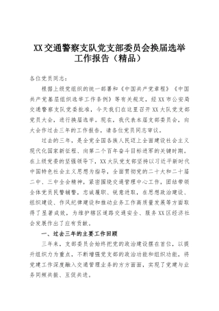 XX交通警察支队党支部委员会换届选举工作报告（精品）
