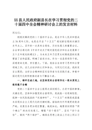 XX县人民政府副县长在学习贯彻党的二十届四中全会精神研讨会上的发言材料