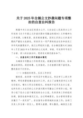 关于2025年全镇公文抄袭问题专项整治的自查自纠报告
