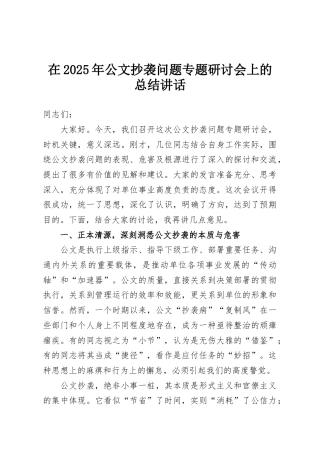 在2025年公文抄袭问题专题研讨会上的总结讲话