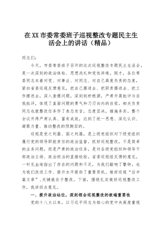 在XX市委常委班子巡视整改专题民主生活会上的讲话（精品）