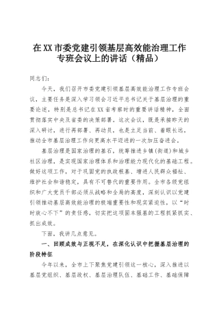 在XX市委党建引领基层高效能治理工作专班会议上的讲话（精品）