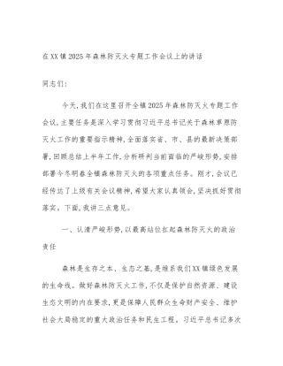 在XX镇2025年森林防灭火专题工作会议上的讲话