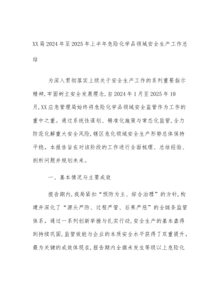 XX局2024年至2025年上半年危险化学品领域安全生产工作总结