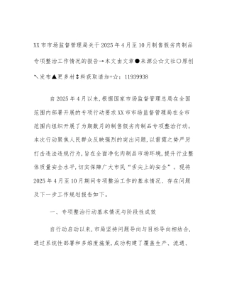 XX市市场监督管理局关于2025年4月至10月制售假劣肉制品专项整治工作情况的报告