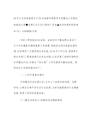 XX市文化和旅游局关于XX年旅游市场秩序专项整治工作情况的报告