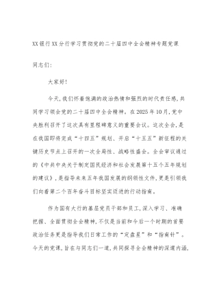 XX银行XX分行学习贯彻党的二十届四中全会精神专题党课