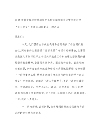 在XX市就业促进和劳动保护工作协调机制会议暨欠薪治理“百日攻坚”专项行动部署会上的讲话