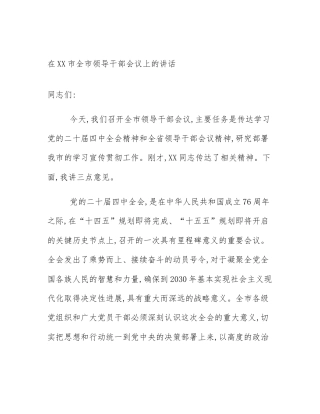 在XX市全市领导干部会议上的讲话