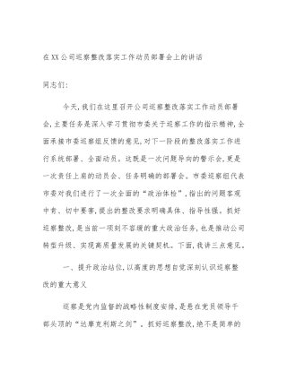 在XX公司巡察整改落实工作动员部署会上的讲话
