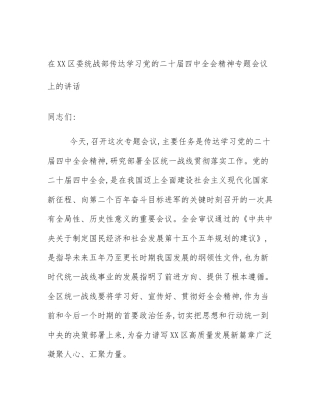 在XX区委统战部传达学习党的二十届四中全会精神专题会议上的讲话