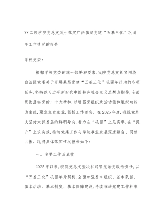 XX二级学院党总支关于落实广西基层党建“五基三化”巩固年工作情况的报告