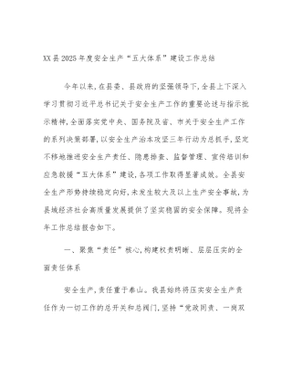 XX县2025年度安全生产“五大体系”建设工作总结