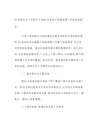 XX县委社会工作部关于2025年度新兴领域党建工作的总结报告