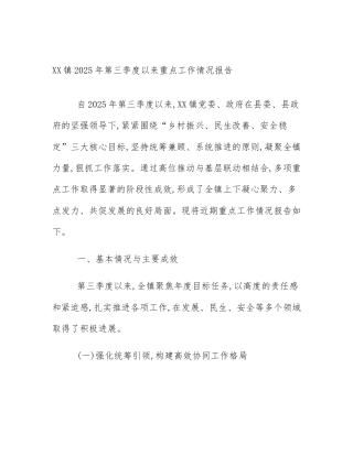 XX镇2025年第三季度以来重点工作情况报告