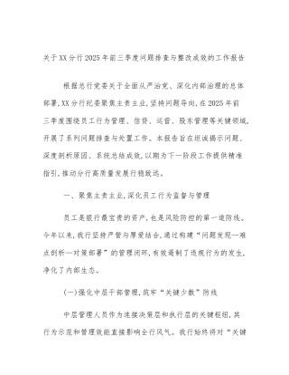关于XX分行2025年前三季度问题排查与整改成效的工作报告