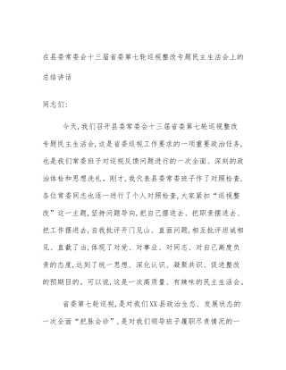 在县委常委会十三届省委第七轮巡视整改专题民主生活会上的总结讲话
