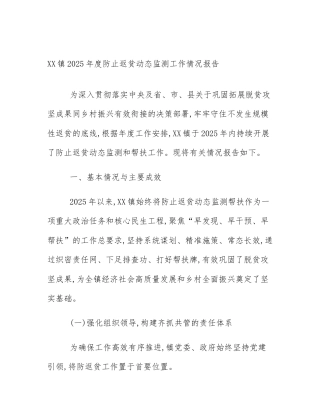 XX镇2025年度防止返贫动态监测工作情况报告