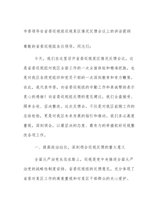 市委领导在省委巡视组巡视某区情况反馈会议上的讲话提纲