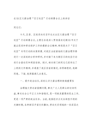 在XX区欠薪治理“百日攻坚”行动部署会议上的讲话