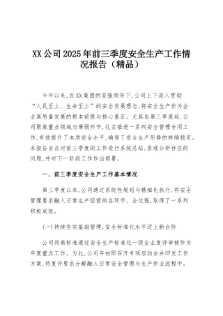 XX公司2025年前三季度安全生产工作情况报告（精品）