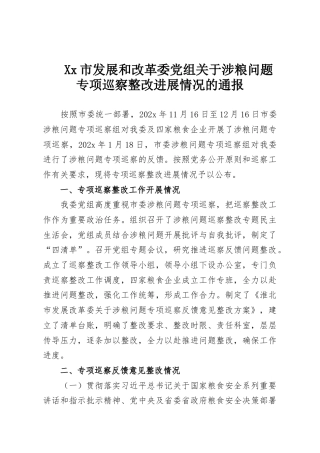 Xx市发展和改革委党组关于涉粮问题专项巡察整改进展情况的通报
