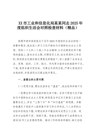XX市工业和信息化局某某同志2025年度组织生活会对照检查材料（精品）