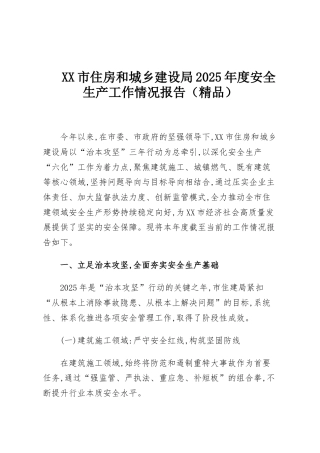 XX市住房和城乡建设局2025年度安全生产工作情况报告（精品）