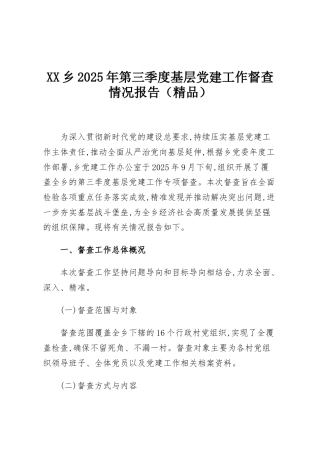 XX乡2025年第三季度基层党建工作督查情况报告（精品）