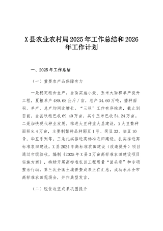 X县农业农村局2025年工作总结和2026年工作计划