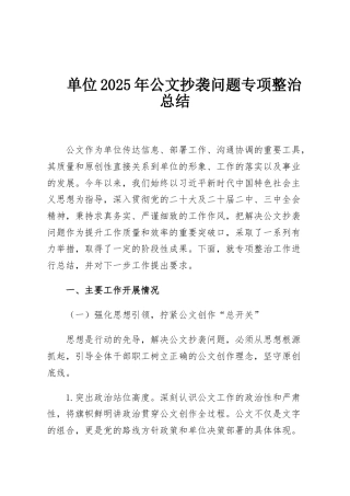 单位2025年公文抄袭问题专项整治总结