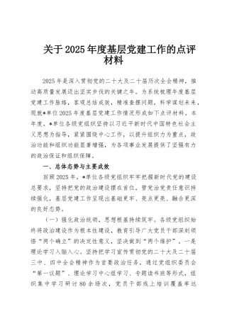 关于2025年度基层党建工作的点评材料