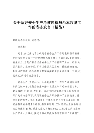关于做好安全生产考核迎检与治本攻坚工作的表态发言（精品）
