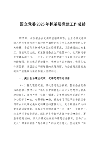 国企党委2025年抓基层党建工作总结