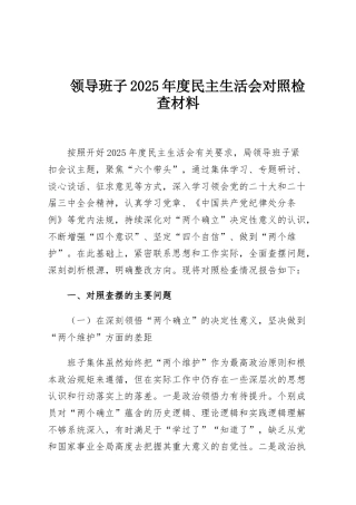 领导班子2025年度民主生活会对照检查材料