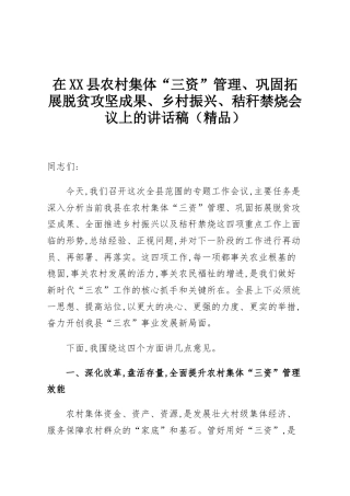 在XX县农村集体“三资”管理、巩固拓展脱贫攻坚成果、乡村振兴、秸秆禁烧会议上的讲话稿（精品）