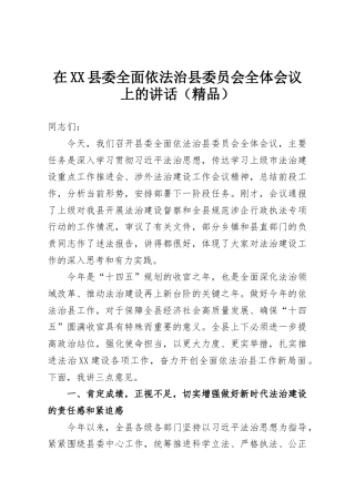 在XX县委全面依法治县委员会全体会议上的讲话（精品）