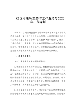 XX区司法局2025年工作总结与2026年工作谋划