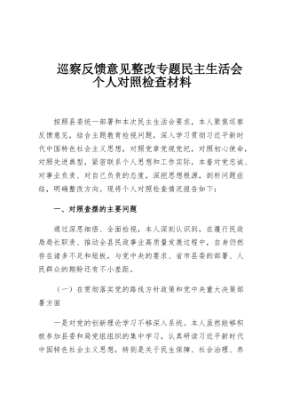 巡察反馈意见整改专题民主生活会个人对照检查材料