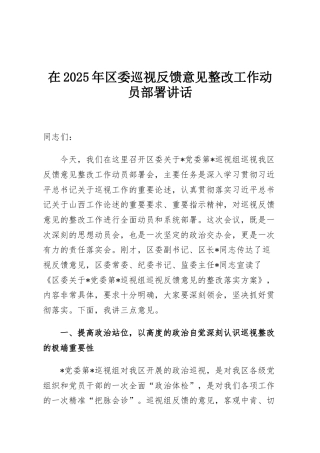 在2025年区委巡视反馈意见整改工作动员部署讲话