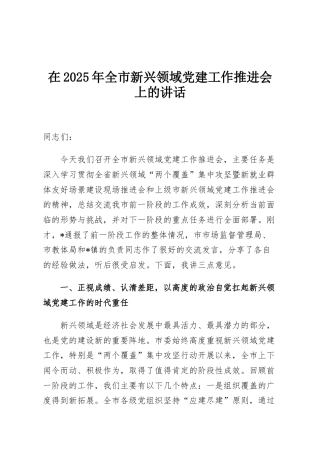 在2025年全市新兴领域党建工作推进会上的讲话