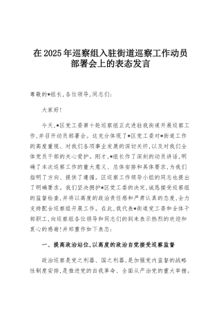 在2025年巡察组入驻街道巡察工作动员部署会上的表态发言