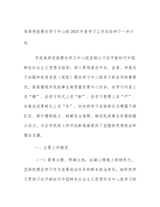 某局党组理论学习中心组2025年度学习工作总结和下一步计划