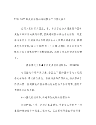 XX区2025年度固体废物专项整治工作情况报告