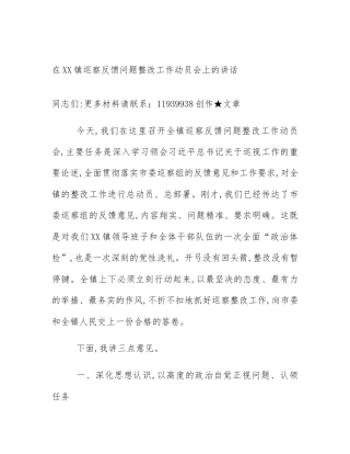 在XX镇巡察反馈问题整改工作动员会上的讲话